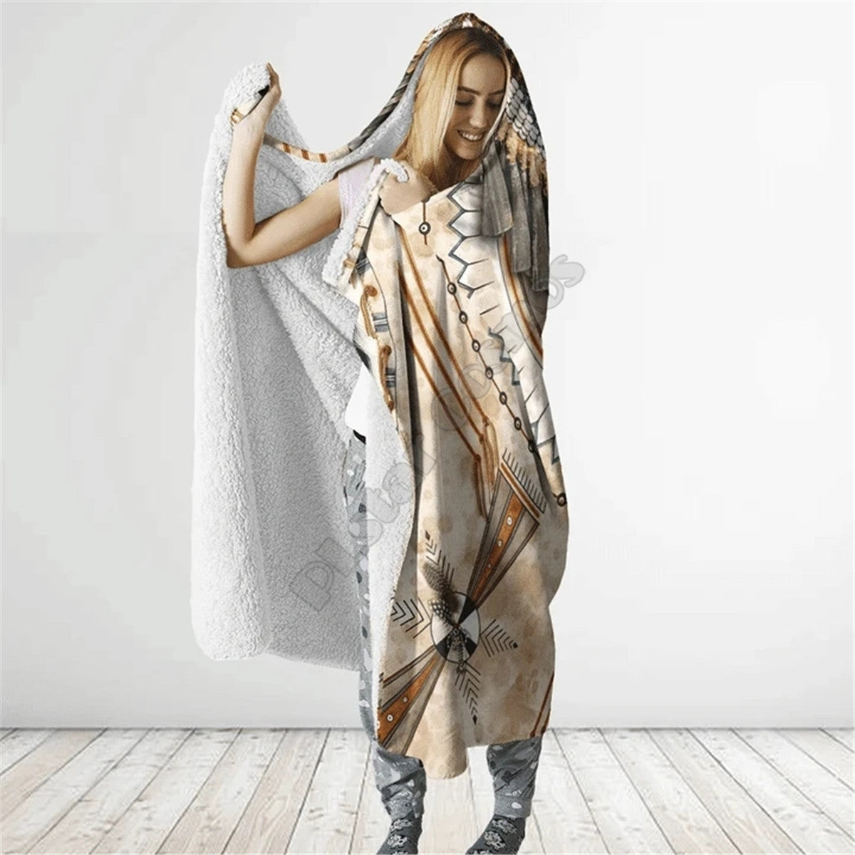 Indian Native White Feather Native America 3D All Over Print Cloak- Hooded Blanket