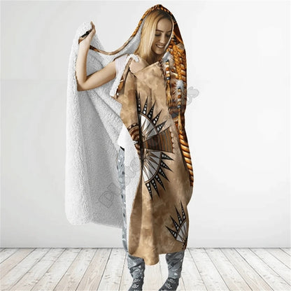 Brown Pattern Culture Native American Eagle Feathers 3D All Over Print Cloak- Hooded Blanket