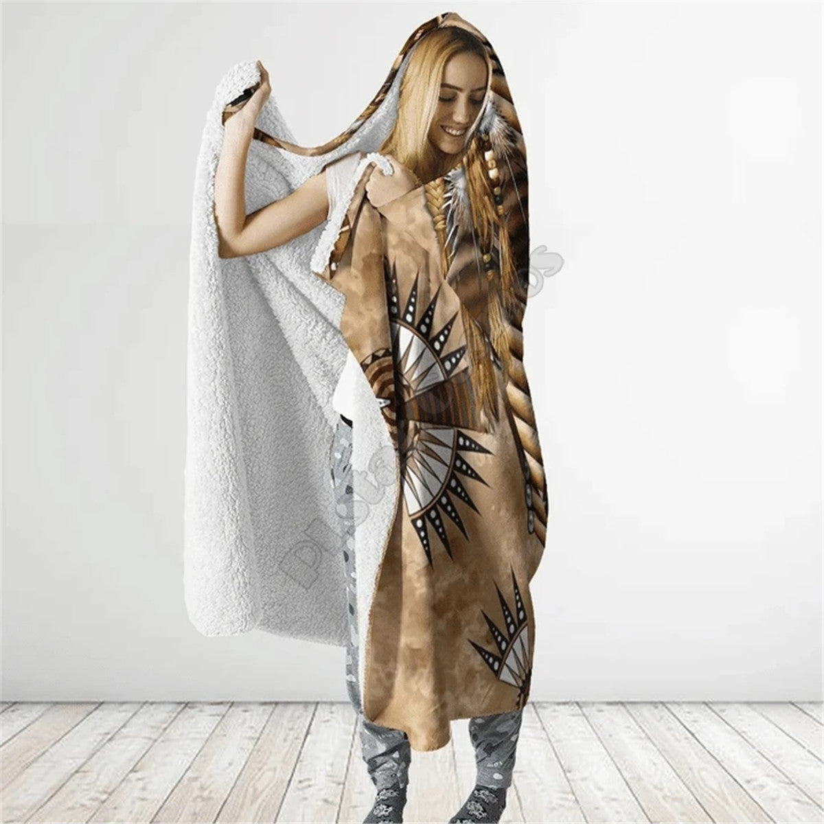 Brown Pattern Culture Native American Eagle Feathers 3D All Over Print Cloak- Hooded Blanket