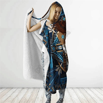 Turquoise Blue Pattern Native American Eagle Feathers 3D All Over Print Cloak- Hooded Blanket