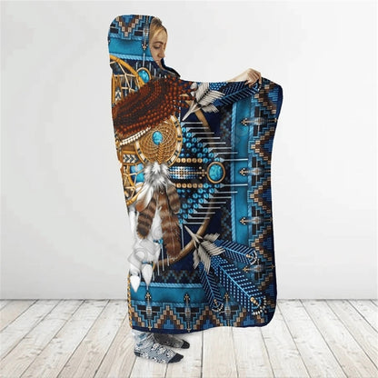 Turquoise Blue Pattern Native American Eagle Feathers 3D All Over Print Cloak- Hooded Blanket