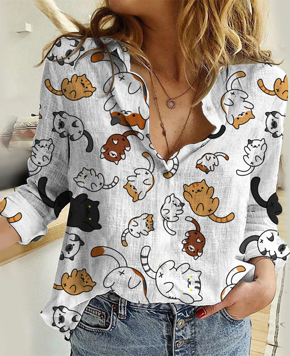 Funny Cats Life Patterns Women Linen Shirt For Cat Mom