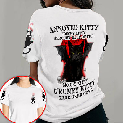 Black Cat Annoyed Grumpy Kitty All-Over Print T-Shirt | 190GSM Cotton