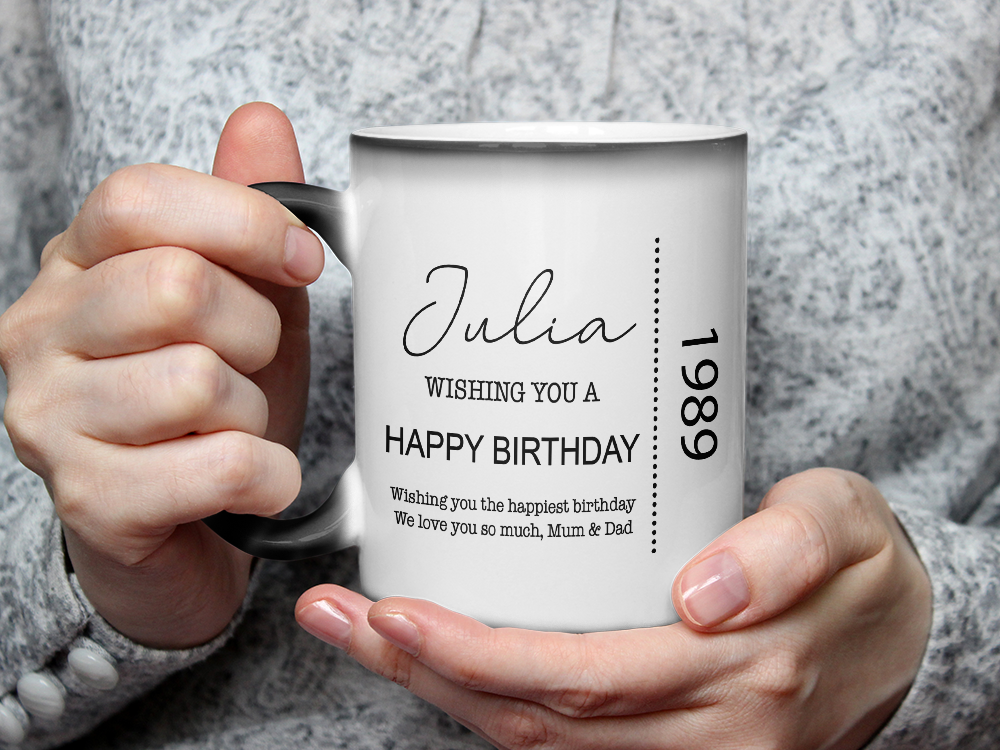 Personalized Gift Accent Mug, Custom Name And Year of Birth, Birthday Wishes, Happy Birthday Mug