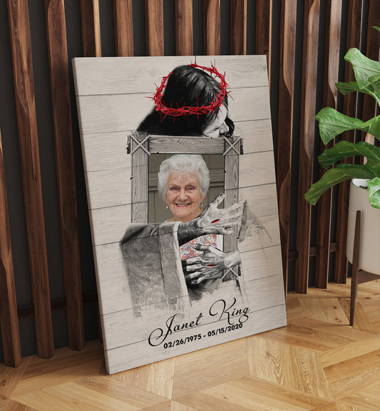 Personalized Custom Memorial Photo Canvas, Jesus God Hug a Image In The Arms of LORD