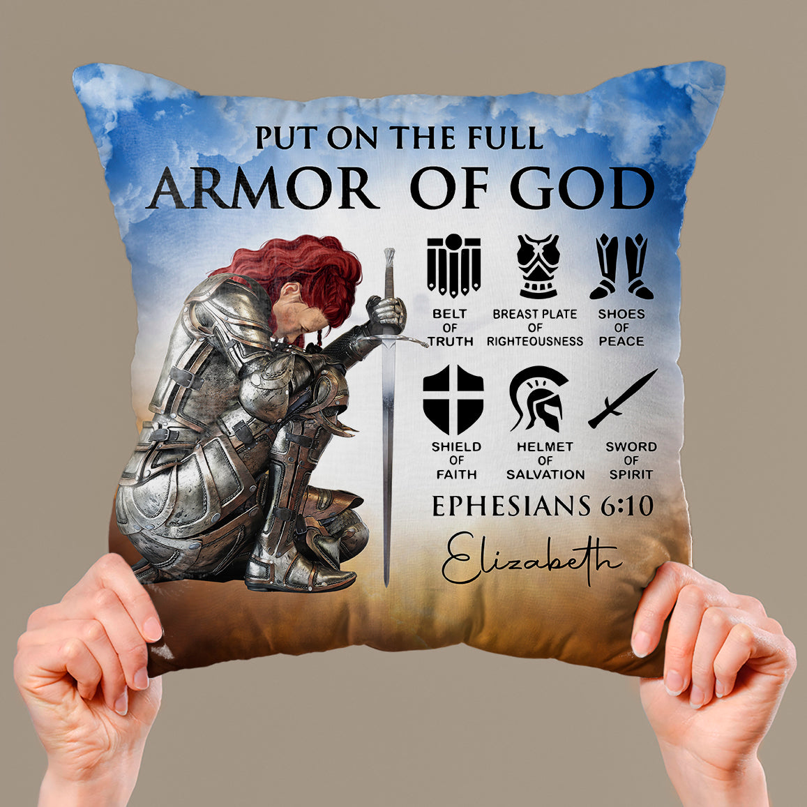 Personalized Woman Warrior of God Put On The Full Armor of God Ephesians 6-10 Linen Throw Pillow
