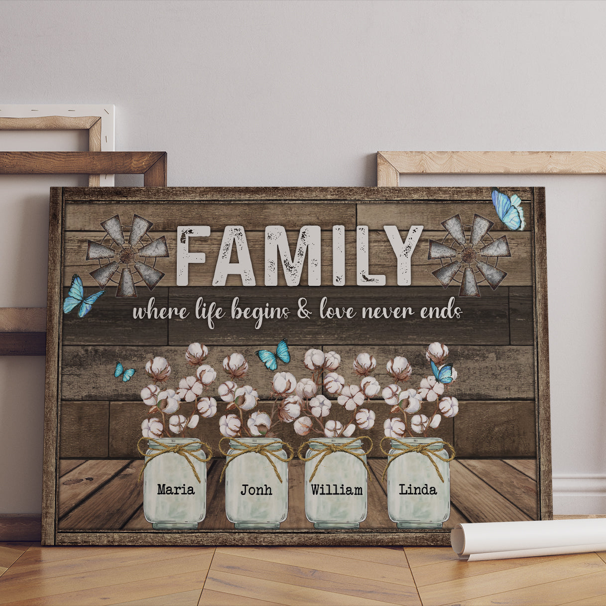 Personalized Family Gifts Family Where Life Begins And Love Never Ends Butterfly Cotton Flower Canvas