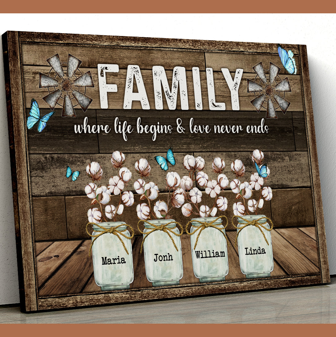 Personalized Family Gifts Family Where Life Begins And Love Never Ends Butterfly Cotton Flower Canvas