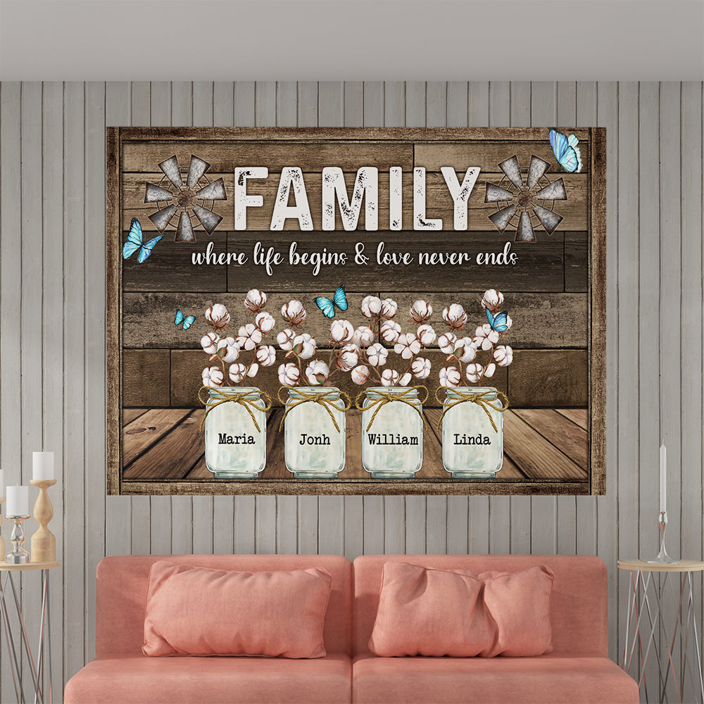 Personalized Family Gifts Family Where Life Begins And Love Never Ends Butterfly Cotton Flower Canvas