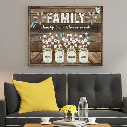 Personalized Family Gifts Family Where Life Begins And Love Never Ends Butterfly Cotton Flower Canvas