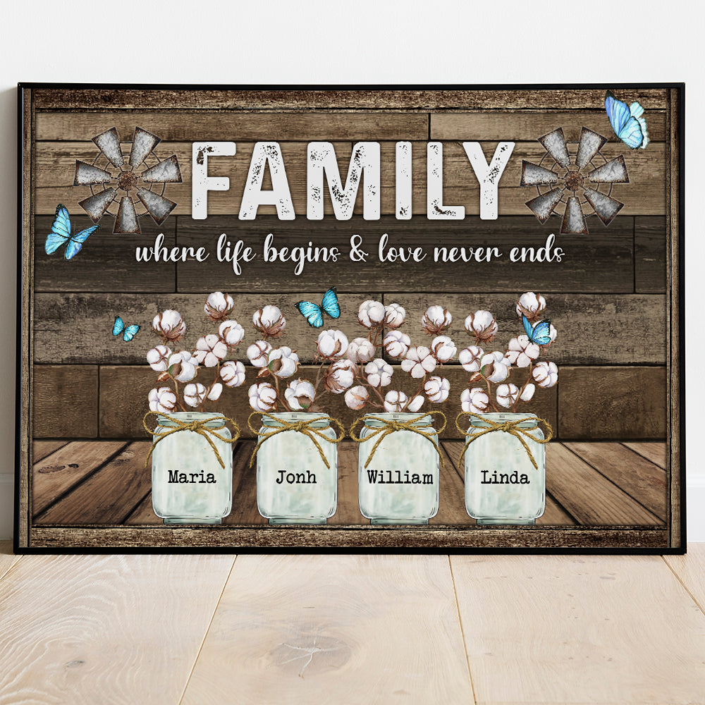 Personalized Family Gifts Family Where Life Begins And Love Never Ends Butterfly Cotton Flower Poster