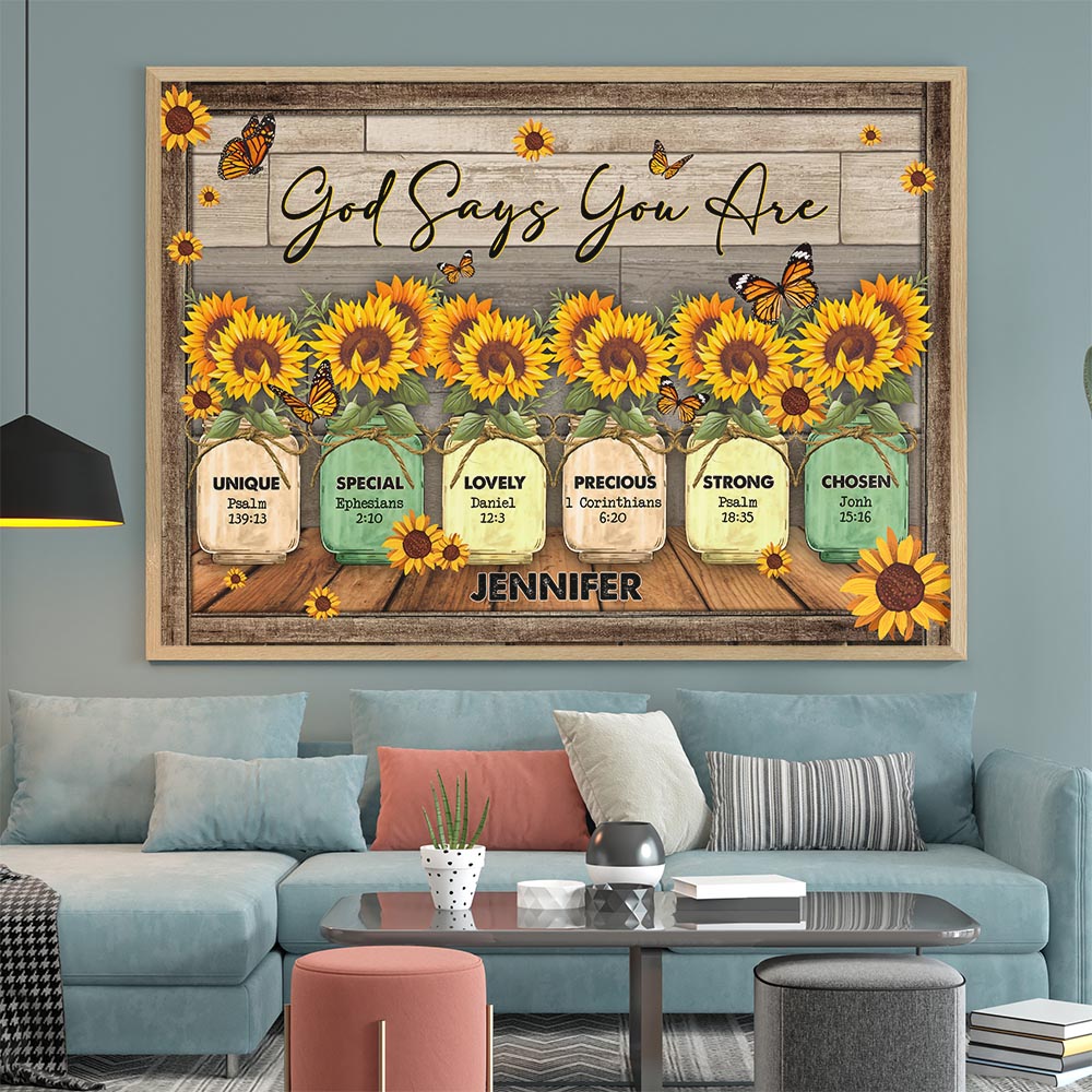 Personalized God Says You Are Unique Special Lovely Precious Strong Chosen, Butterfly SunFlower Poster