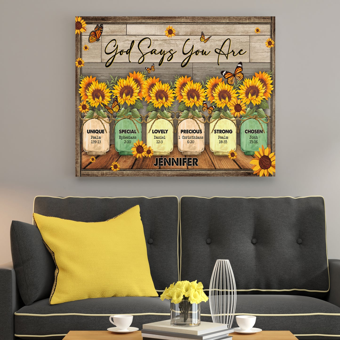 Personalized God Says You Are Unique Special Lovely Precious Strong Chosen, Butterfly SunFlower Canvas