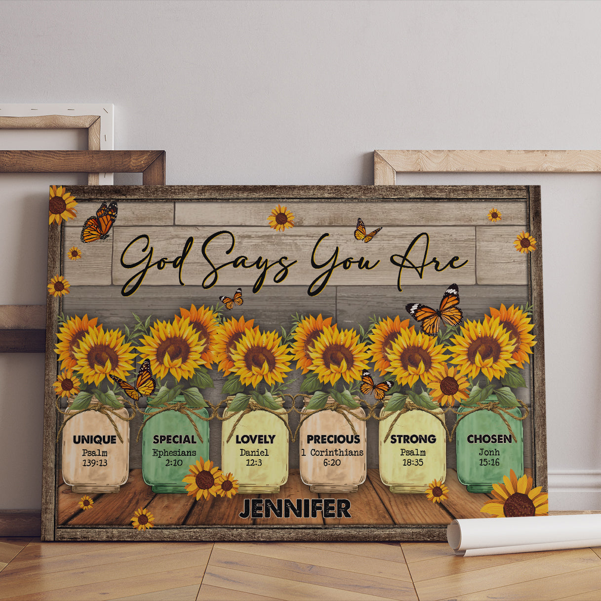 Personalized God Says You Are Unique Special Lovely Precious Strong Chosen, Butterfly SunFlower Canvas