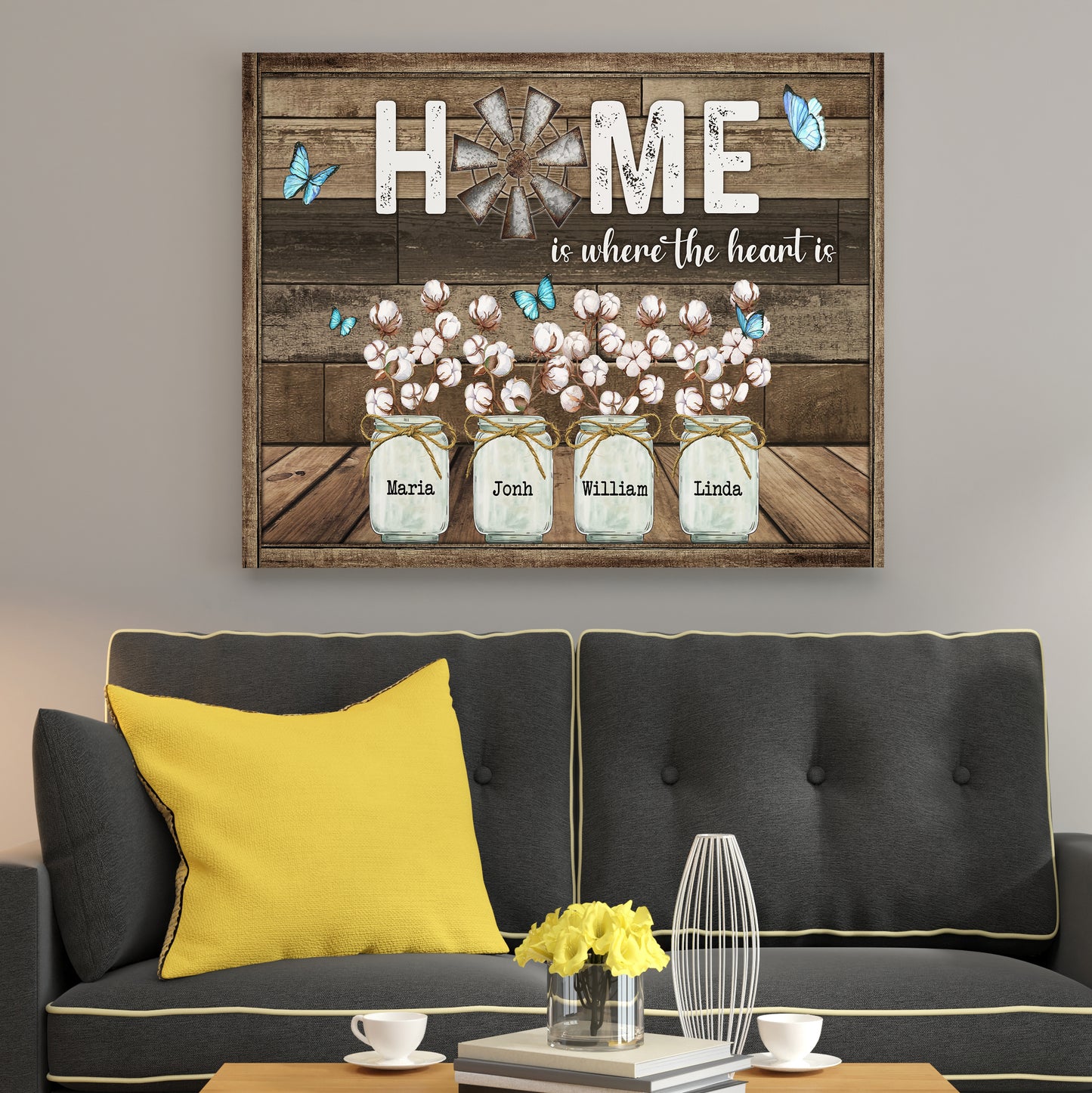 Personalized Family Gifts Home Is Where The Heart Is Butterfly Cotton Flower Canvas