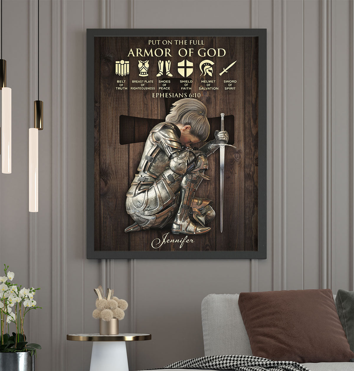 Personalized Woman Warrior Of God of God Put On The Full Armor of God Ephesians 6-10 Framed Matte Canvas