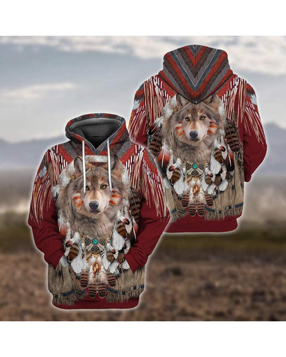 Tribal Native Wolf Red Native American 3D All Over Print Hoodie and Zip Hoodie