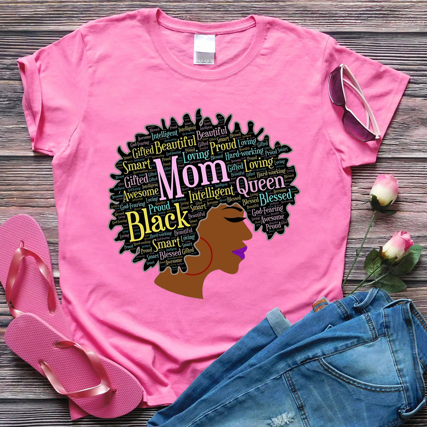 Black Queen Words in Afro Gift for Black Mom on Mother's Day Standard T-Shirt