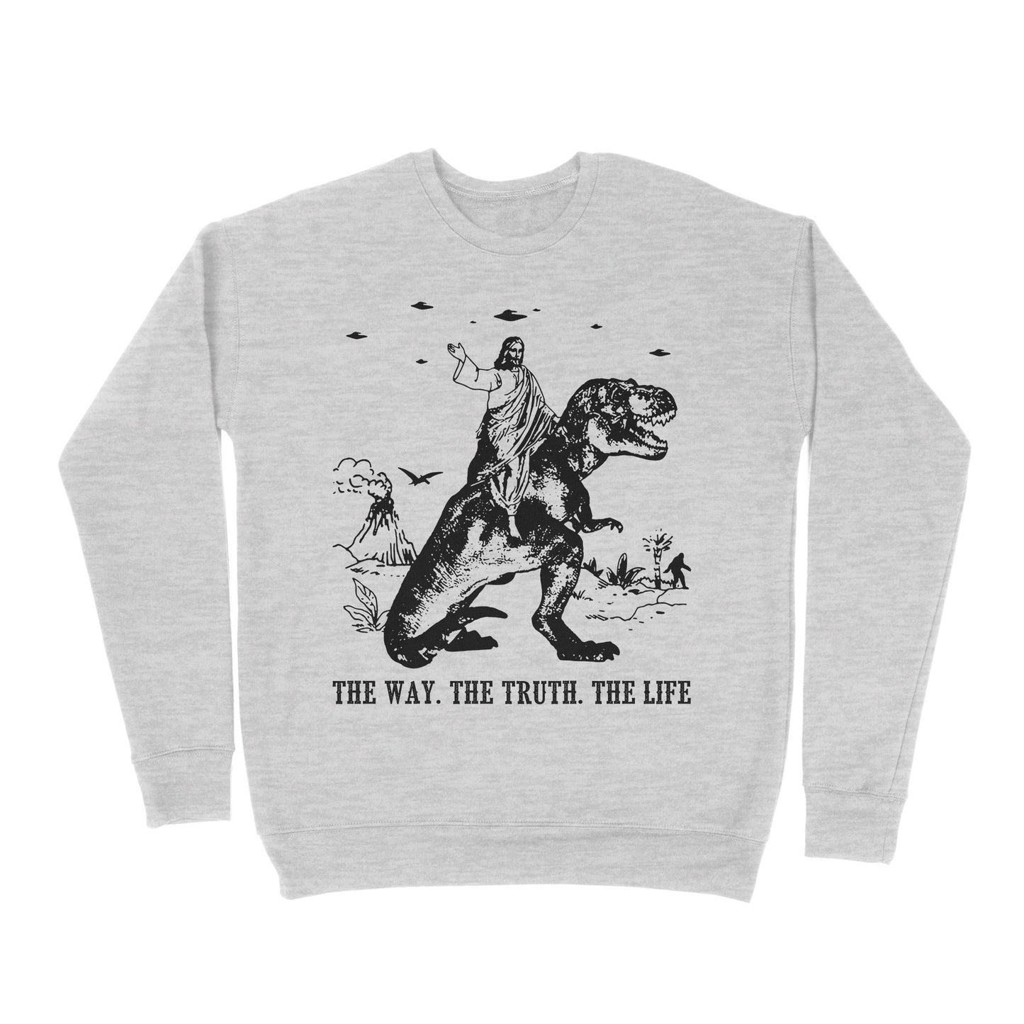 Premium Crew Neck Sweatshirt - Jesus Riding Dinosaur The Way. The Truth. The Life