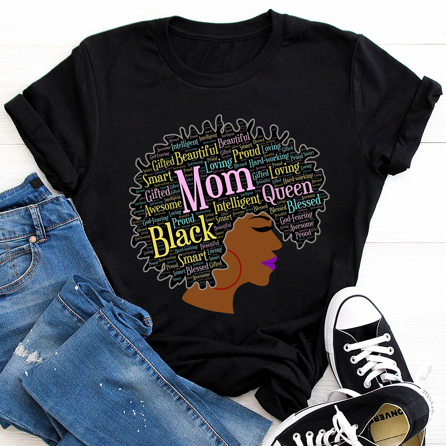 Black Queen Words in Afro Gift for Black Mom on Mother's Day Standard T-Shirt