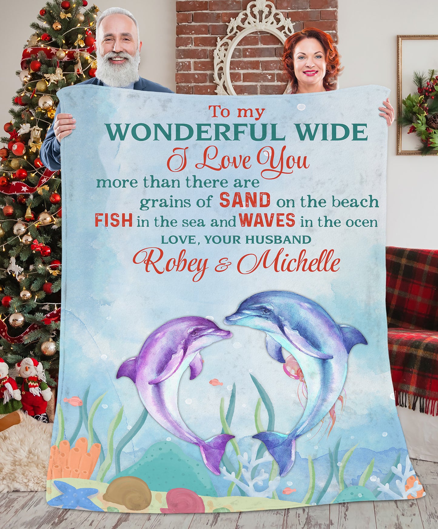 Personalized Custom Name To My Wonderful Wide Your Husband Dolphin Couple Blanket