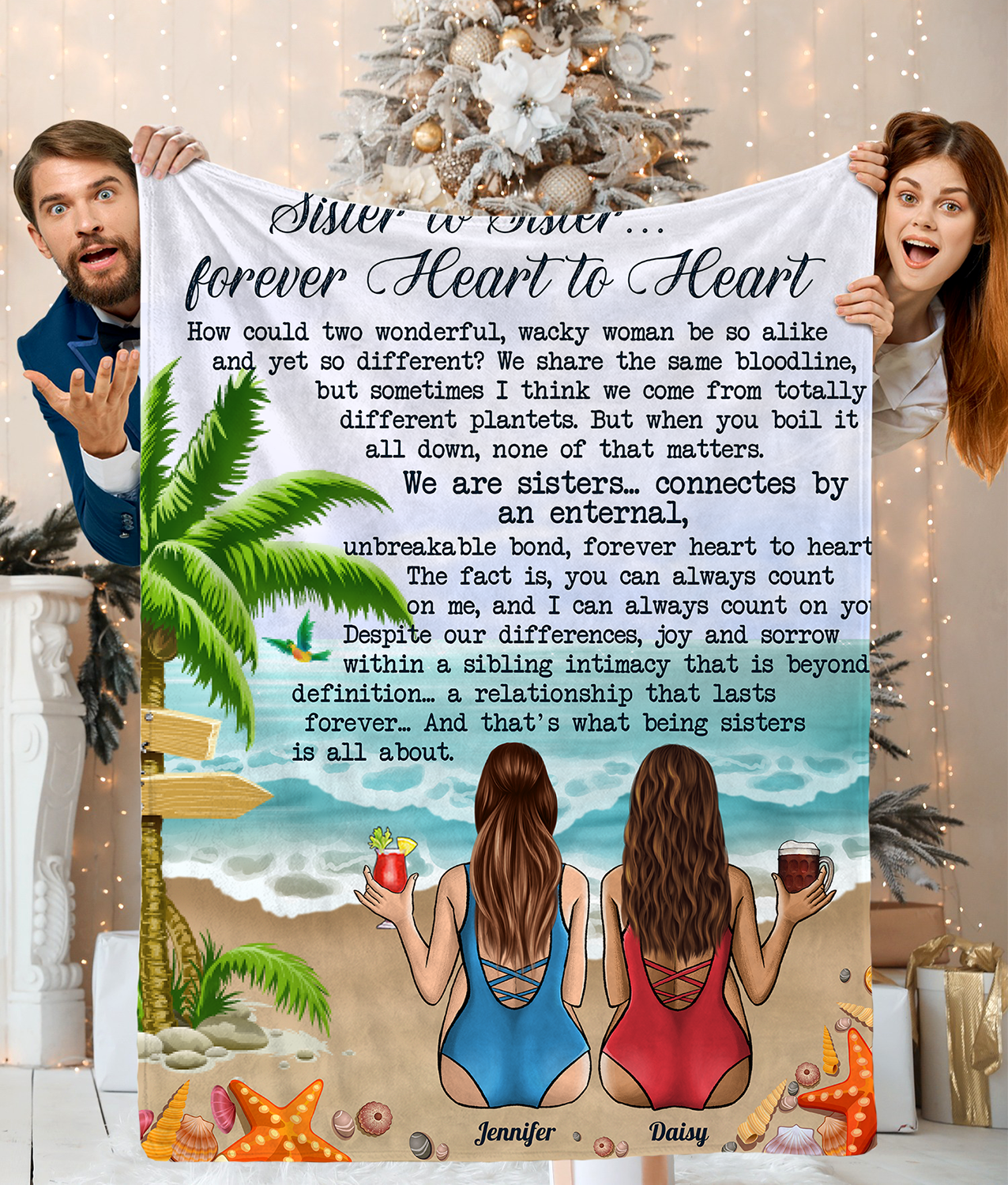 Personalized , Sister To Sister Forever Heart To Heart On The Beach Relaxing Together Blanket