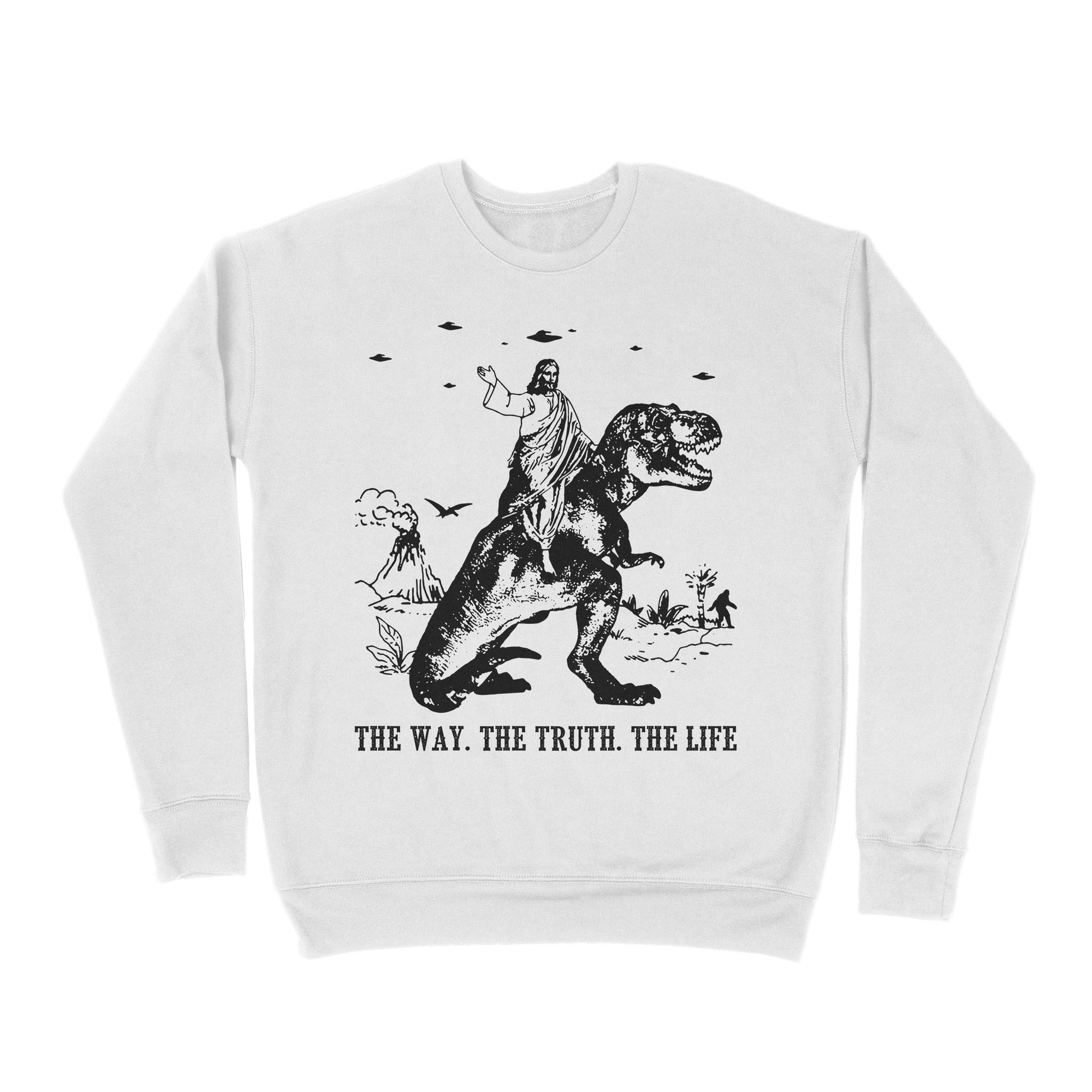 Premium Crew Neck Sweatshirt - Jesus Riding Dinosaur The Way. The Truth. The Life