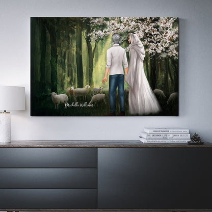 Personalized Man First Day In Heaven Walking With Jesus Among The Lambs Canvas Prints