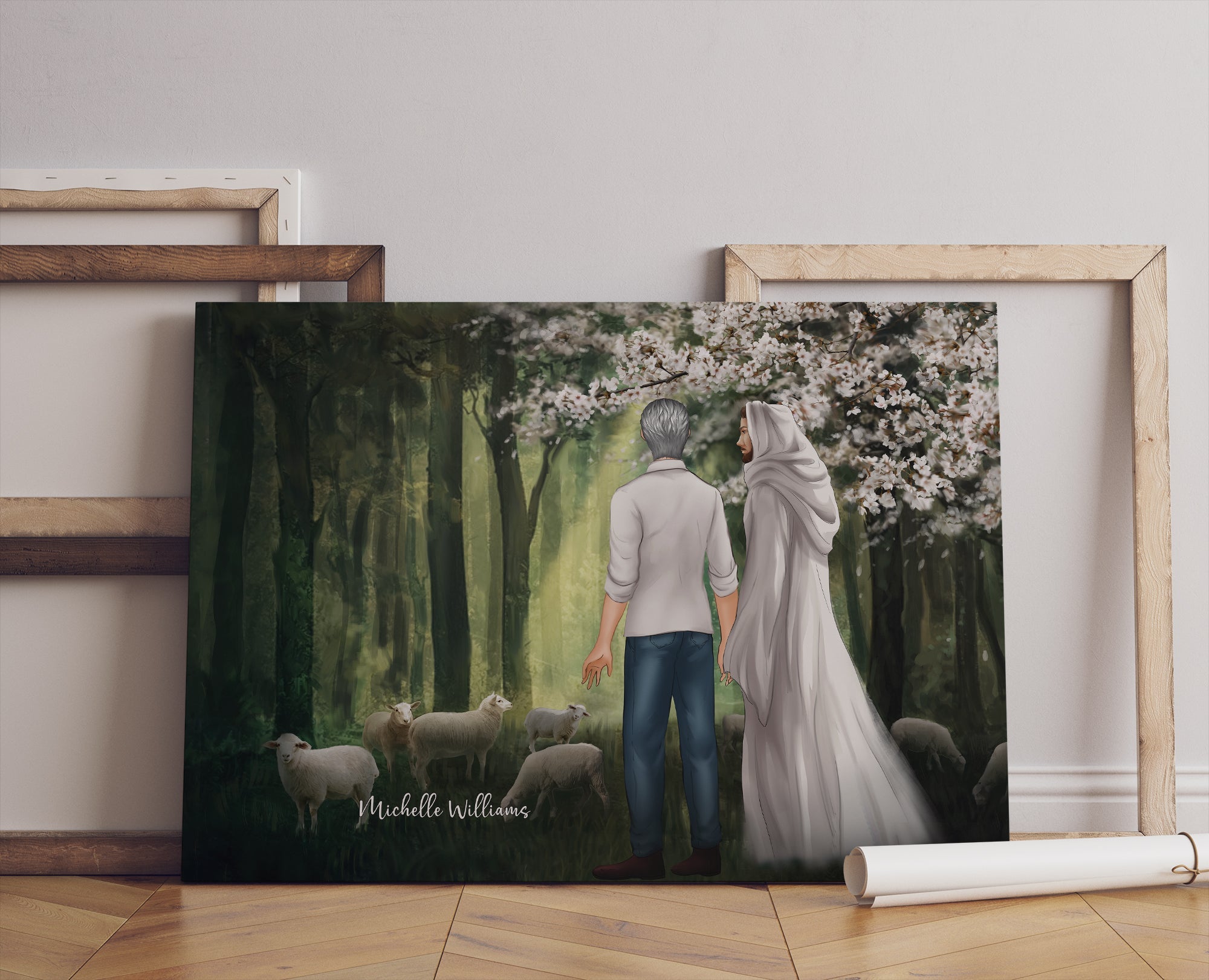 Personalized Man First Day In Heaven Walking With Jesus Among The Lambs Canvas Prints