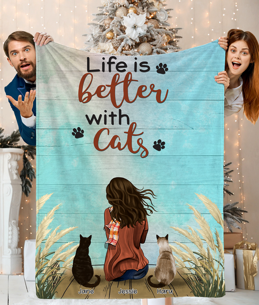 Personalized Custom Cat Blanket, Life Is Better With Cats, Birthday Gift For Cat Lovers, Gift For Mom Blanket