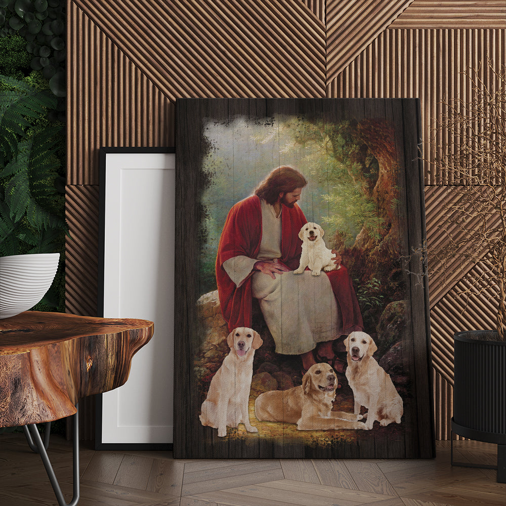 Jesus Christ And Golden Retriever Dog Around Canvas Prints