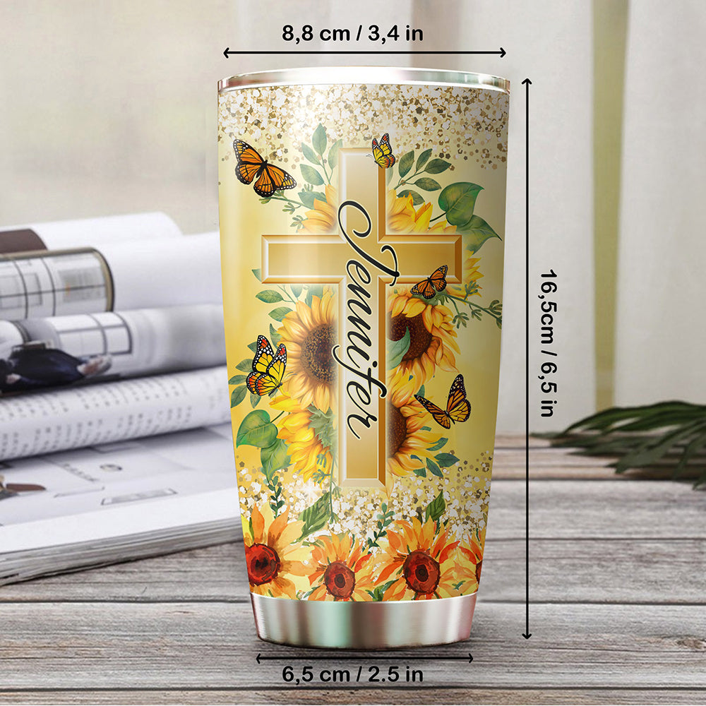 Personalized Sunflower Cross And Butterfly Everyday God Thinks Of You Every Hour God Look After You Tumbler