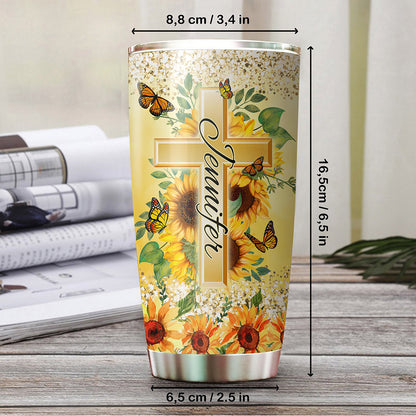 Personalized Sunflower Cross And Butterfly Everyday God Thinks Of You Every Hour God Look After You Tumbler