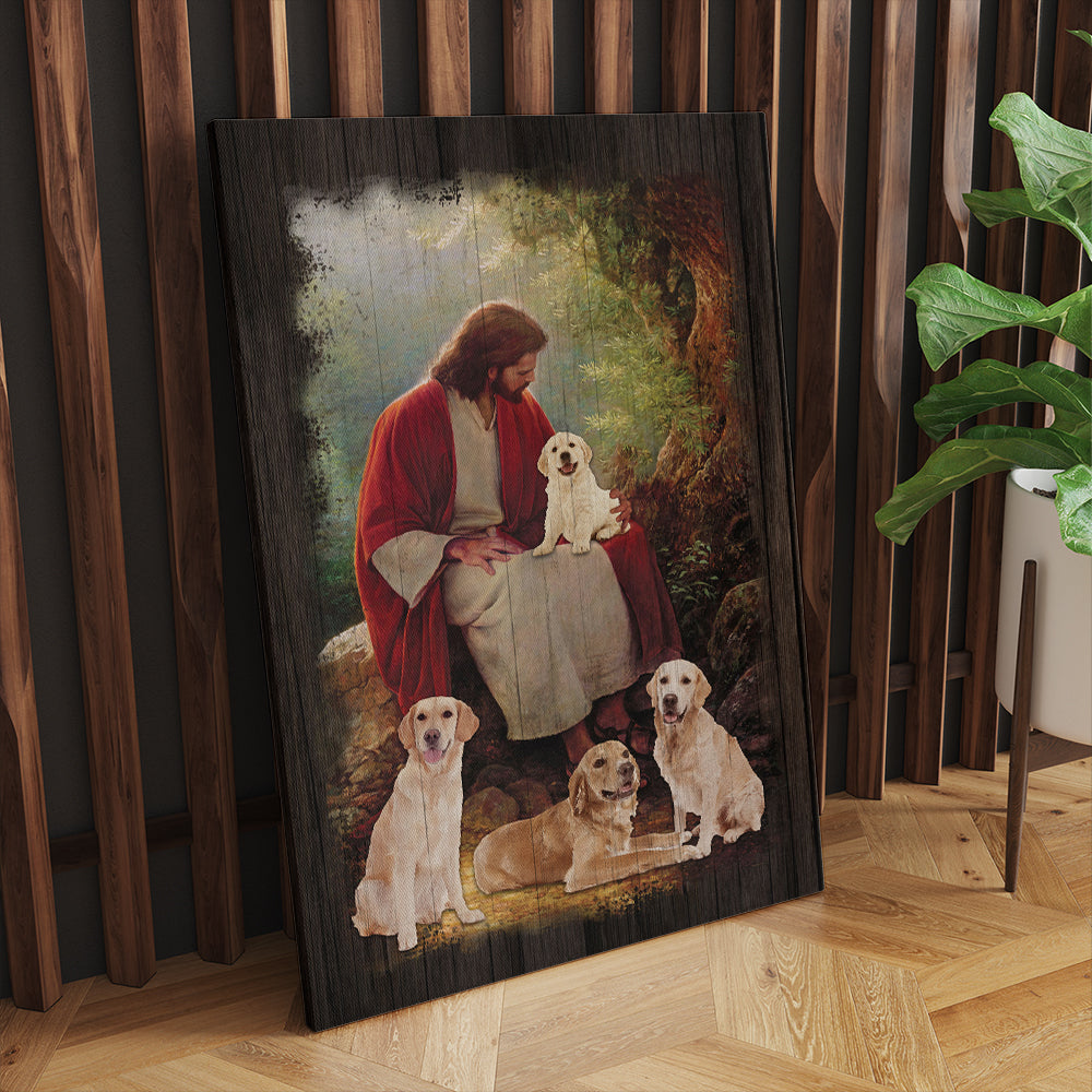 Jesus Christ And Golden Retriever Dog Around Canvas Prints