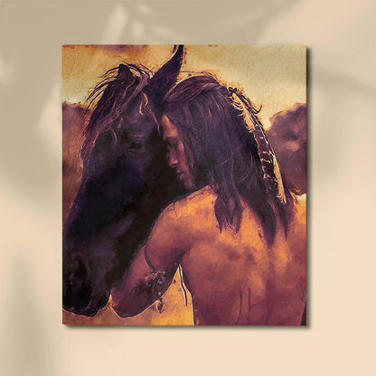 Native American Man Holding Horse Vintage Canvas Prints