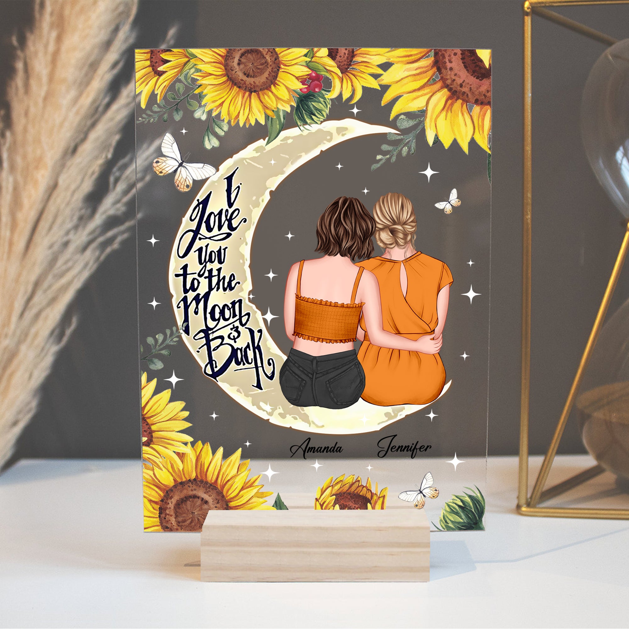 Personalized Mom And Daughter Sunflower I Love You To The Moon And Back Acrylic Plaque