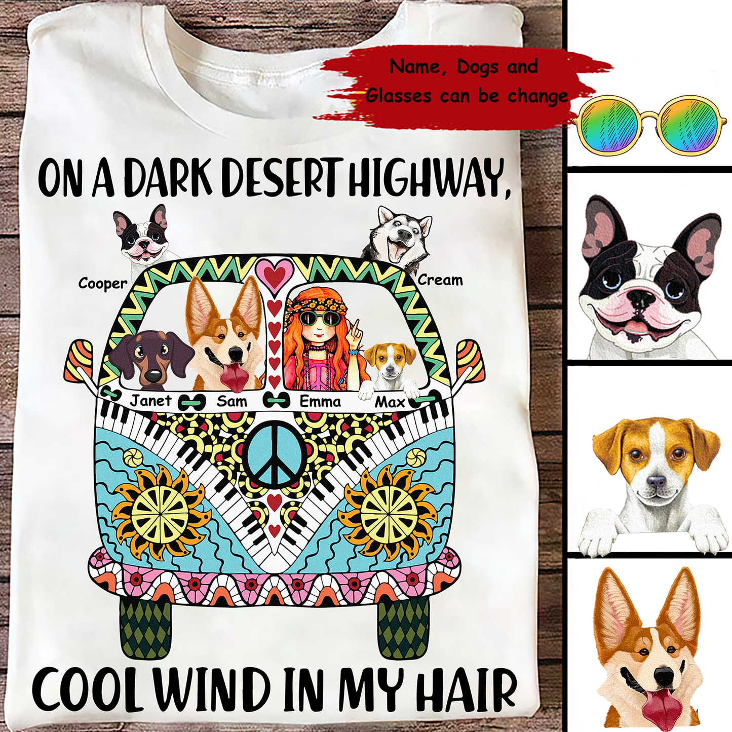 Personalized Dogs and Hippie Girl On a Dark Desert Highway Cool Wind in My Hair Premium Women's T-shirt