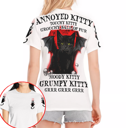 Black Cat Annoyed Grumpy Kitty All-Over Print T-Shirt | 190GSM Cotton