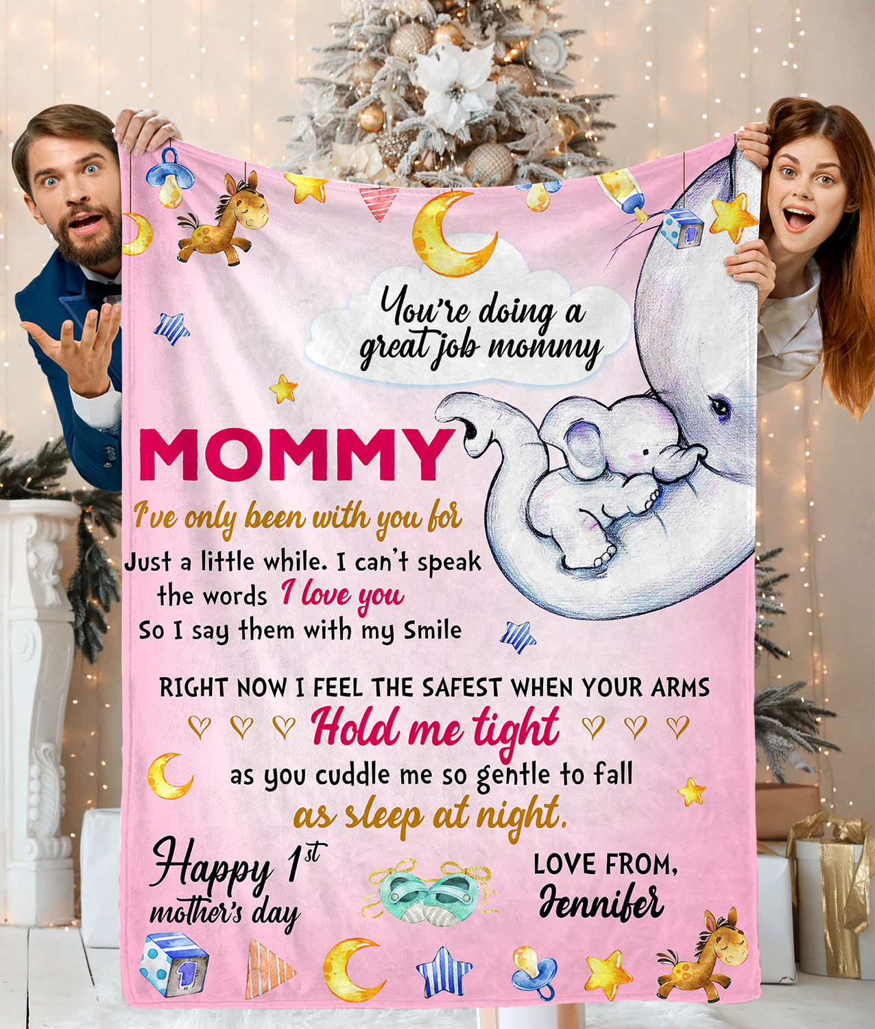 Personalized Gift Custom Name Mommy Blanket, Happy Mother's Day, You're Doing A Great Job Mommy Happy 1st Mothers Day, Elephant, Gift For Mom Blanket