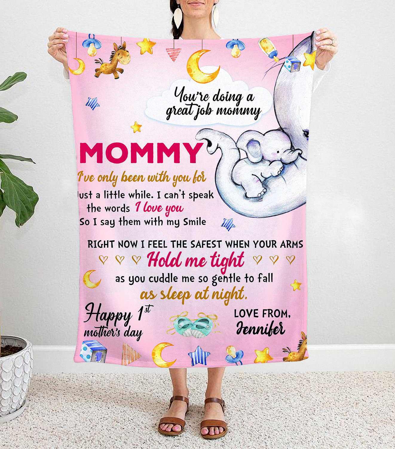 Personalized Gift Custom Name Mommy Blanket, Happy Mother's Day, You're Doing A Great Job Mommy Happy 1st Mothers Day, Elephant, Gift For Mom Blanket