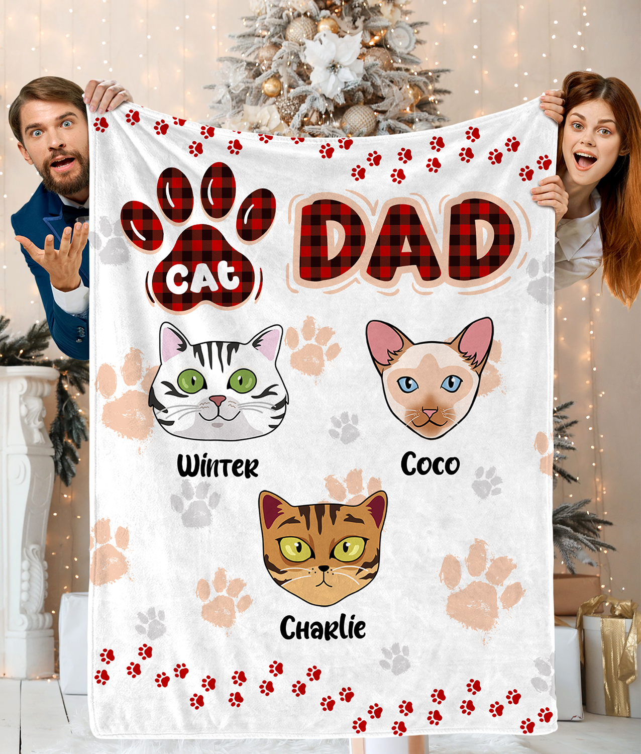 Personalized Custom Cat Blanket, Cat Dad, Cat Face, Cat Paw  Blanket