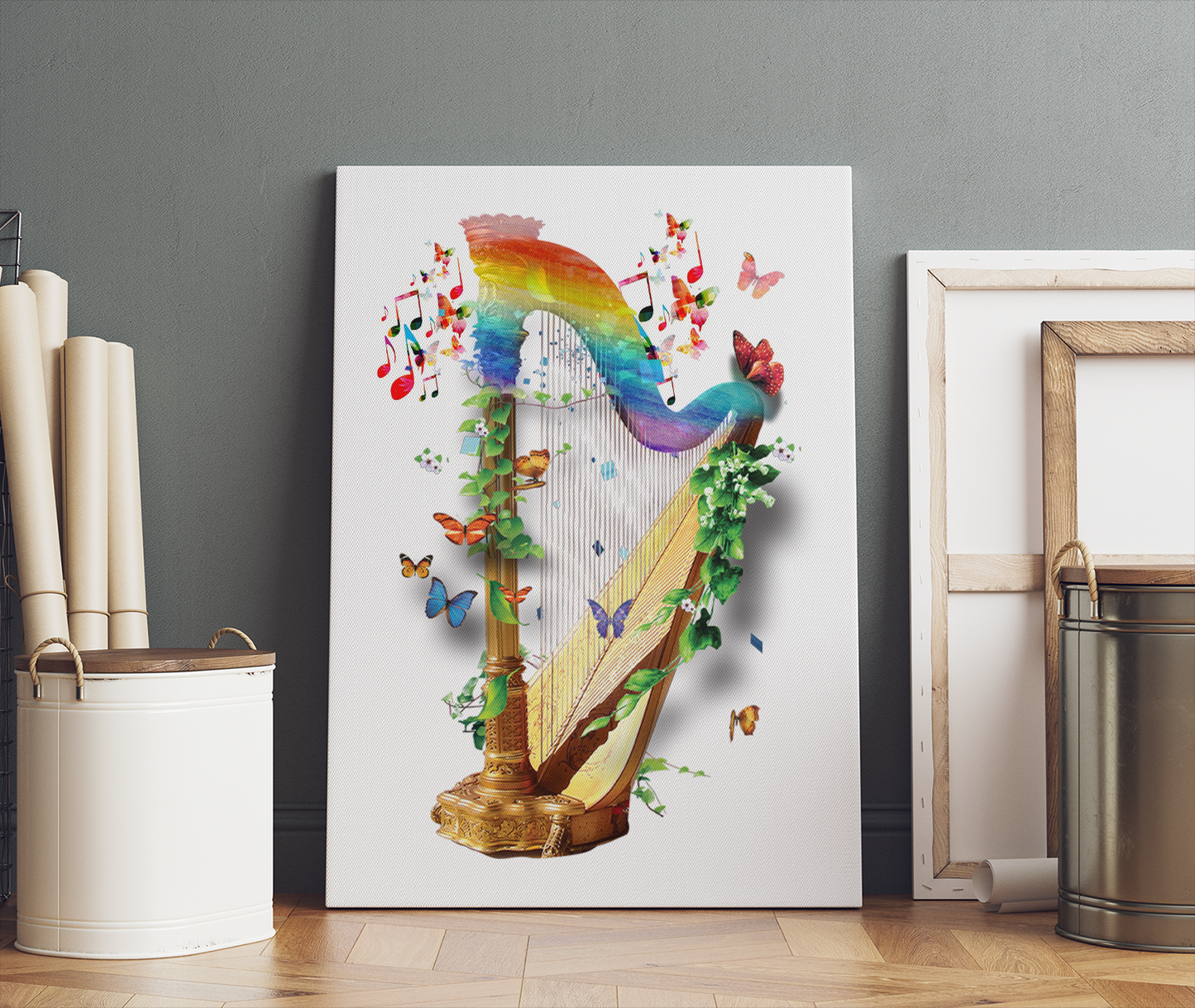 Brown Harp Musical Instrument Beautiful Butterfly And Flower Canvas Prints