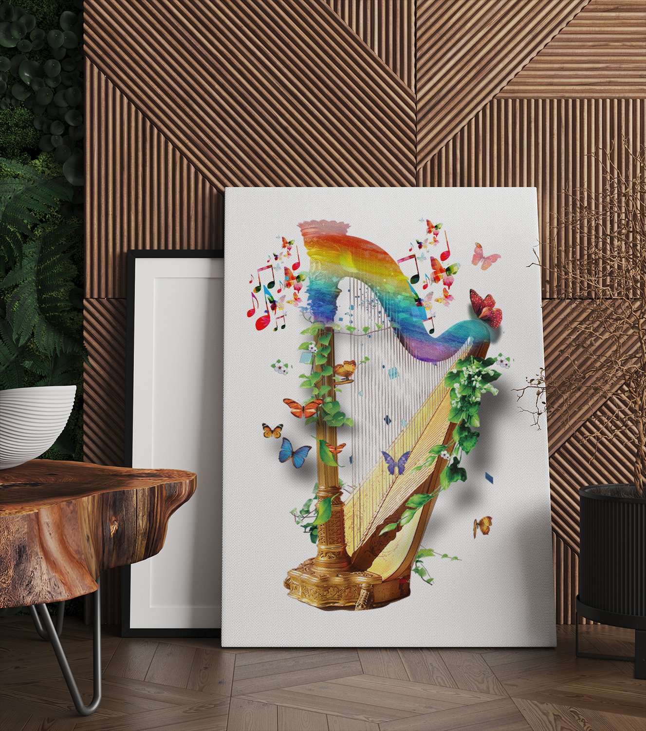 Brown Harp Musical Instrument Beautiful Butterfly And Flower Canvas Prints