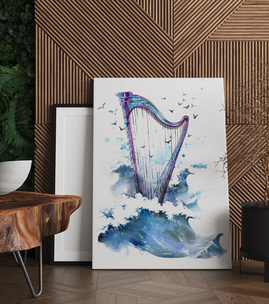 Harp Musical Instrument  Watercolor Sea Waves Canvas Prints