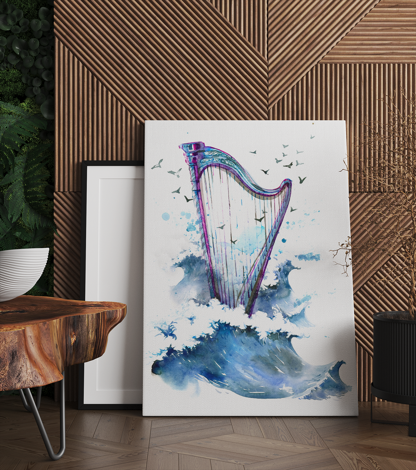 Harp Musical Instrument  Watercolor Sea Waves Canvas Prints