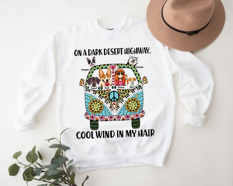 Personalized Custom Dogs and Hippie Girl On a Dark Desert Highway Cool Wind in My Hair-Premium Crew Neck Sweatshirt