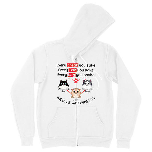 Personalized Custom Cat, Watching Every Treat You Fake Cats - Premium Zip Hoodie