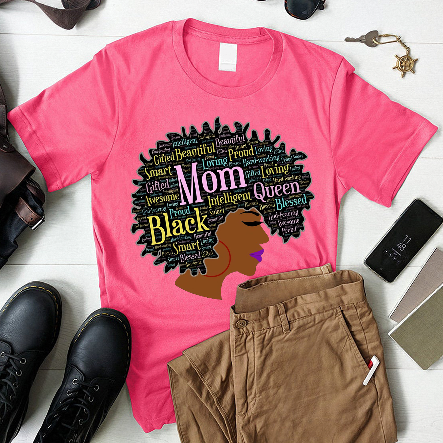 Black Queen Words in Afro Gift for Black Mom on Mother's Day Standard T-Shirt