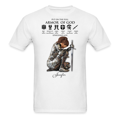 Personalized Custom Name, Skin Tone And Hairstyles Woman Warrior Of God Put On The Full Armor Of God Ephesians 6-10 T-Shirt - white