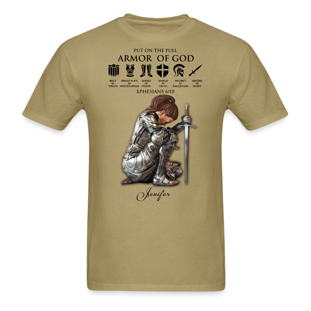 Personalized Custom Name, Skin Tone And Hairstyles Woman Warrior Of God Put On The Full Armor Of God Ephesians 6-10 T-Shirt - khaki